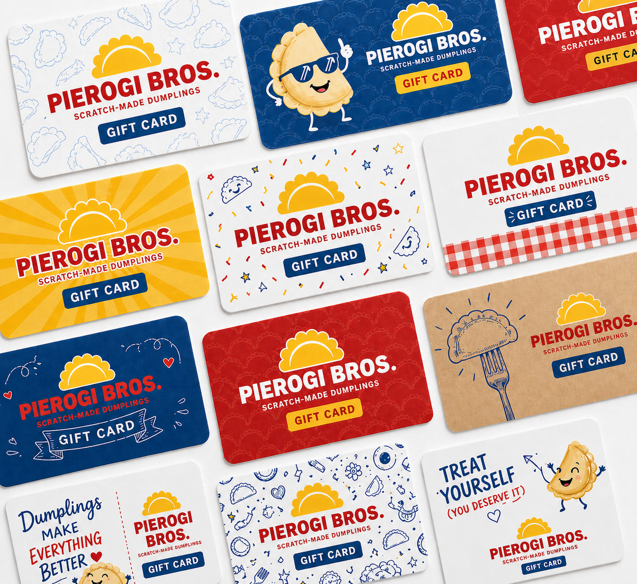 Collection of Pierogi Bros. gift cards with various designs and colors.