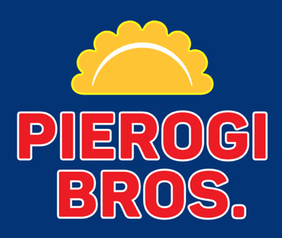 Logo of Pierogi Bros. with a yellow pierogi shape on a blue background