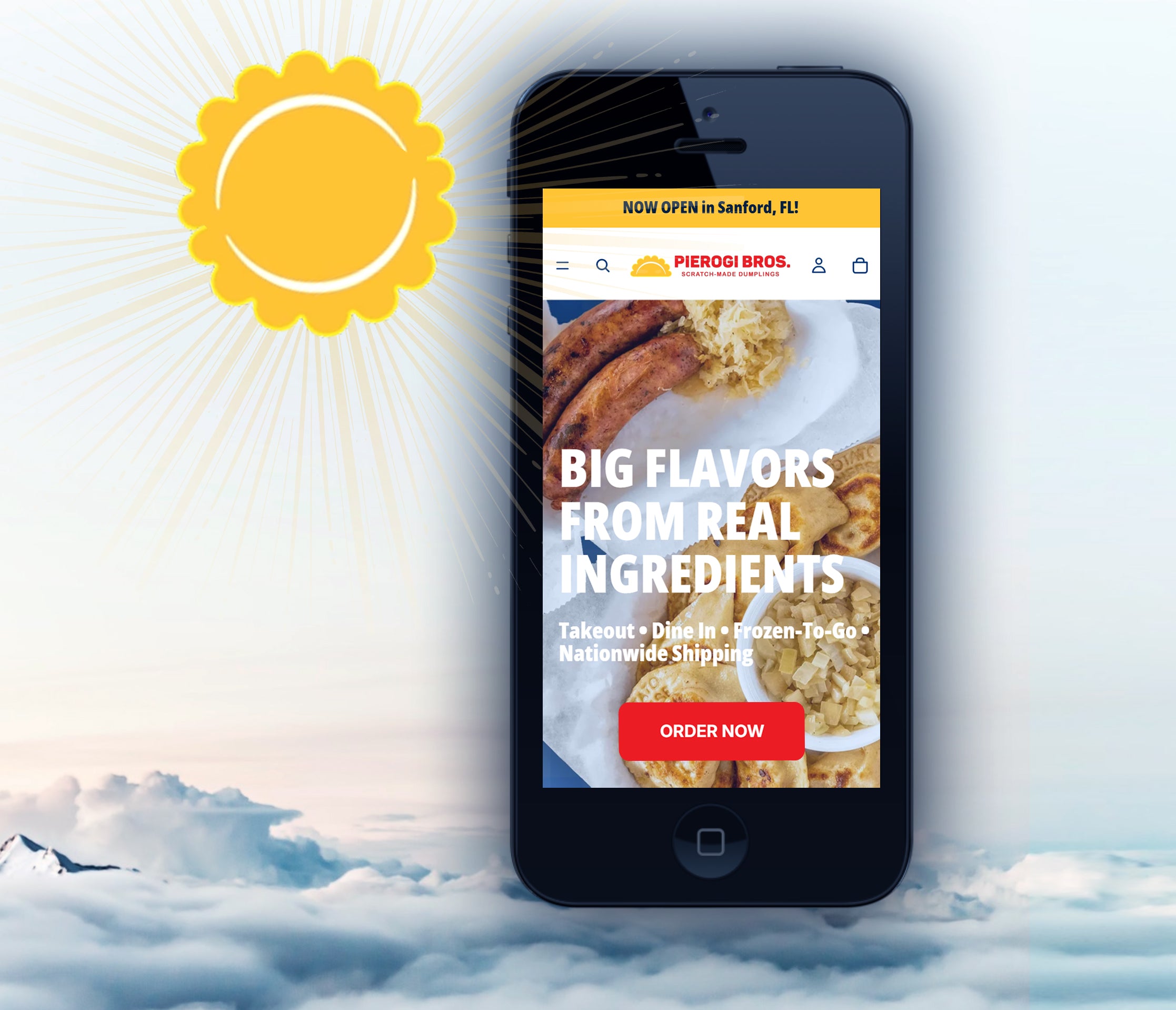Pierogi Bros Rewards image of Pierogi Bros website on a cell phone in the sky with clouds and a pierogi sun shining